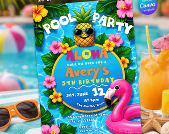 Zaproszenie na urodzinowe przyjęcie Aloha Pool Party – edytowalny szablon letniego Luau, wydruk hawajskiej imprezy plażowej, zaproszenie na przyjęcie Luau z ananasem dla dzieci