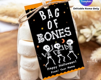 Halloween Bag of Bones Gift Tags, Skeleton Gift Bag Tag, Printable Halloween Party Favor, Halloween Classroom Party Favor