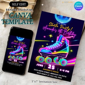 Editable roller skate birthday invitation with neon glow design and disco ball. Canva template for kids or teen party printable digital download. roller skate birthday, neon birthday invite, skate party invitation, editable invite, Canva template, disco birthday invite, glow party invitation, girls birthday invite, boys birthday invite, printable invite, kids birthday invite, teen party invitation, roller rink invite