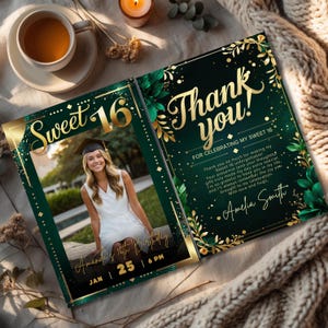 Modelo de cartão de agradecimento para 16 anos editável no Canva, elegante verde e dourado com foto, para impressão, presente digital para 16 anos para ela, adolescente