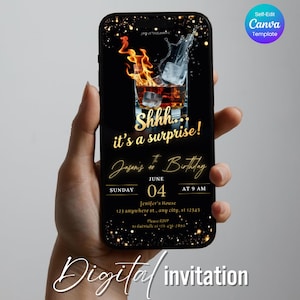 Men’s Surprise Birthday Invitation – Whiskey Theme Party, Personalized for Any Age 30th 40th 50th, Editable Evite & Animated Digital Invite