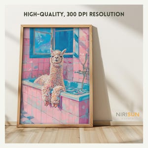 Funny Llama in Bathtub Wall Art Digital Download, Pink Alpaca Bathtub Printable Poster, Cute Animal in Bathtub Decor, funny Toilet Poster