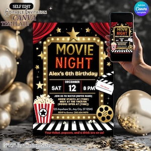 Op de afbeelding: Een zwart-gouden uitnodiging voor een filmavond met de tekst "Movie Night" en "Alex's 6th Birthday". De uitnodiging bevat details voor een filmavondevenement, een popcorn-afbeelding en een filmrol-afbeelding. De uitnodigingsgrootte is 12,7 cm x 17,8 cm.