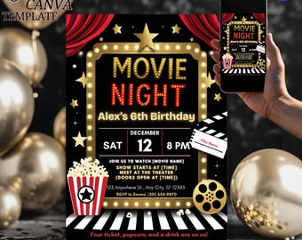 May include: A black and gold movie night invitation template with the text "Movie Night" and "Alex's 6th Birthday". The invitation includes details for a movie night event, a popcorn graphic, and a film reel graphic. The invitation size is 12.7cm x 17.8cm.