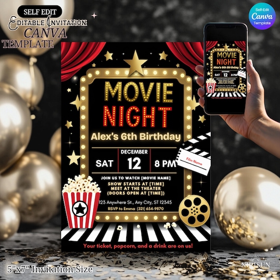 Movie Night Invitation, Movie theater Party, Movie night invite, Editable Canva, Popcorn and Film Theme for Kids, Cinema Theme Birthday