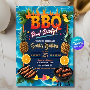 BBQ Pool Party Invitation, Summer Birthday BBQ Editable Canva Template Backyard Barbeque Tropical Grill and Swim Party Invite Printable Card