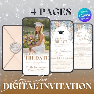 May include: Digital graduation invitation template featuring four pages. The design includes a photo of a graduate, floral accents, and the text "Save the Date" and "Thank You!" The invitation is customizable with a Canva template.