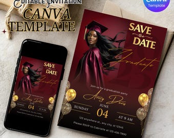 Graduation Invitation, Elegant Burgundy Gold Save the Date grad Invite Template, Editable Canva Class of 2025 Invite Party Evite for Her Him
