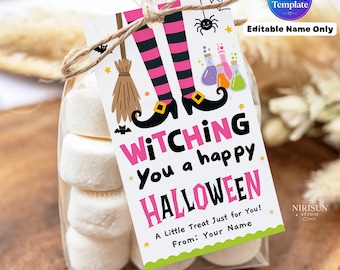 Halloween Witch Gift Tags, Printable Halloween Treat Bag Tags, Editable Name Canva Template, Classroom Party Favors with Bonus PDF,