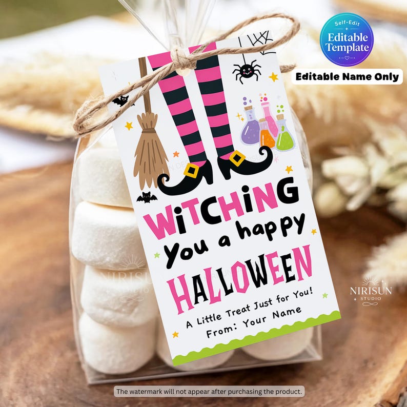 Halloween Witch Gift Tags, Printable Halloween Treat Bag Tags, Editable ...