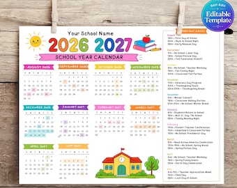 Editable School Year Calendar 2026 2027, Printable Academic Calendar, School Event Calendar Template, Back to School Planner