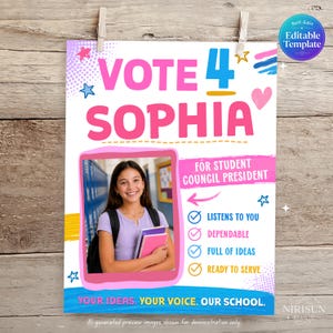 Peut inclure: Une affiche de campagne pour la présidence du conseil des élèves avec le texte VOTE 4 SOPHIA. Le design comprend une photo d'un élève tenant des cahiers, une liste de qualités et des éléments graphiques colorés comme des étoiles et des cœurs.