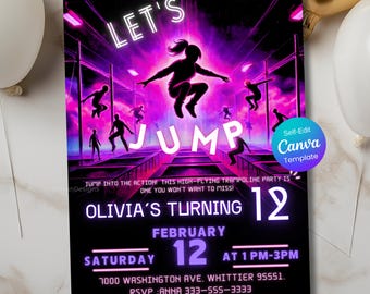 Jump Birthday Invitation, Bounce Party | Pink Neon Trampoline Park Birthday Invite, Girl Jump Party, Editable Glow Birthday Invitation Card