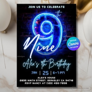 Invitación de noveno cumpleaños, fiesta de neón azul para niños, plantilla editable de Canva, descarga digital, imprimible, invitación digital