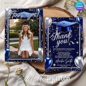 Marineblau Silber Abschlussfoto Dankeskartenvorlage, High School College Grad Party Geschenk, bearbeitbare Klasse von 2025 Dankeschön Hinweis Canva