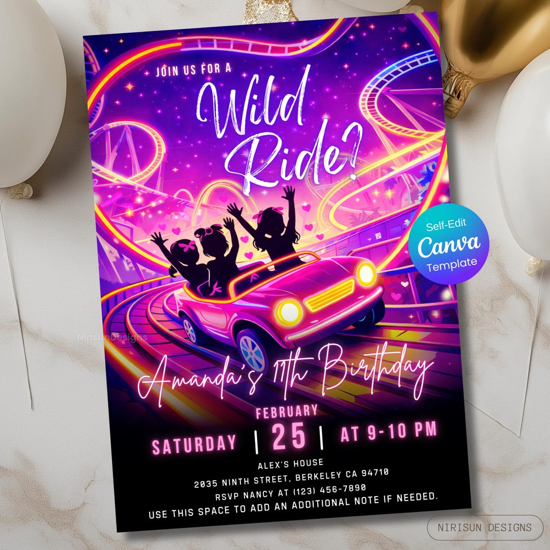 Roller Coaster Birthday Invitation, Theme Park Birthday Invitation ...