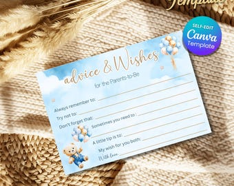 Baby Shower Advice Cards: Blue Teddy Bear balloon Theme, Printable Game Advice for Parents to Be, Wishes and Advice, Editable Canva Template