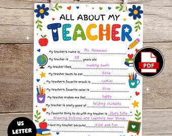 All About My Teacher Printable Worksheet, Teacher Appreciation Questionnaire, End of Year Teacher Gift, Coloring Page PDF, Gift for Teacher