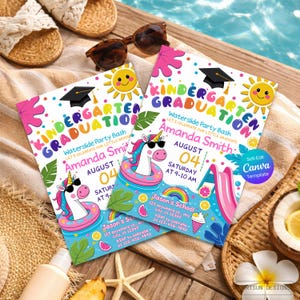 Waterslide Party Graduation Invitation, Kindergarten / Preschool / Pre-K Grad Invite, Pool Party Bash, Kids Class Celebration Canva Template