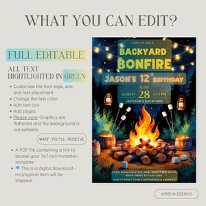 Get ready for a cozy celebration under the stars with this backyard bonfire birthday invitation!  Perfect for outdoor-loving kids, this editable Canva template features warm firelight, marshmallows, and lanterns—ideal for a camping-style birthday party. bonfire birthday invite, campfire party card, kids backyard invite, editable camp party, canva birthday template, outdoor kids birthday, printable bonfire card, camping theme invite, summer night invite, self edit party card, marshmallow birthday