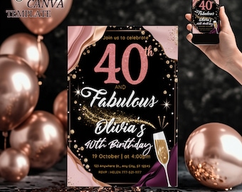 40th Birthday Invitation Forty and fabulous Editable Digital Template Surprise 40th Birthday Party Modern Rose Gold and Black Invitation