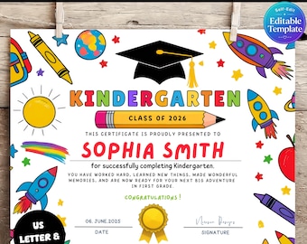 Editable Kindergarten Certificate, Kindergarten Graduation Certificate, Printable End of Year Award, 2026 Diploma, Last Day of School