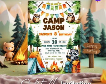 Sjabloon campingverjaardagsuitnodiging, kampfeestuitnodiging voor kinderen, wasbeertent bos avontuur thema, bewerkbaar verjaardagsfeestje zomerkamp