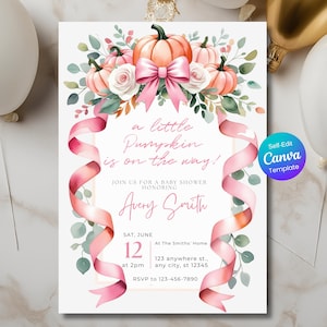 Editable Pink Bow Pumpkin Baby Shower Invitation, Fall Girl Baby Shower Invite, Little Pumpkin Floral Pink Ribbon Baby Shower Canva Template