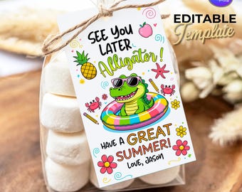 May include: A clear cellophane bag filled with marshmallows, tied with twine, and a tag that says "See You Later Alligator! Have a Great Summer!" with a cartoon alligator in a floatie. The tag also has a pineapple, crab, and flowers.
