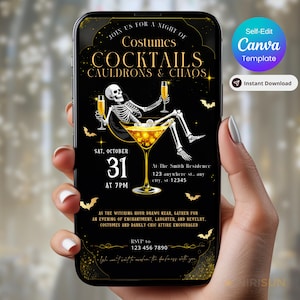 Skeleton Halloween Party Invitation, Animated Spooky Costume and Cocktails Digital Evite, Editable Canva Template, Adult Halloween Invite