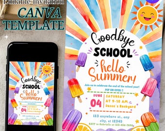 Plantilla de invitación de fin de curso con paleta editable en Canva, Adiós al colegio, Hola verano, Invitación para el inicio del verano, Invitación para la fiesta de fin de curso
