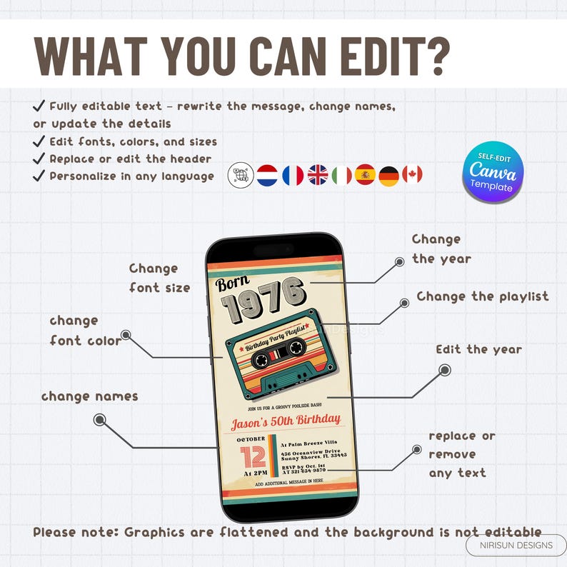 Puede incluir: Un tel&eacute;fono inteligente muestra una plantilla personalizable de invitaci&oacute;n a una fiesta de cumplea&ntilde;os. El dise&ntilde;o presenta un gr&aacute;fico de cinta de cassette retro con el texto "Born 1976" y "Jason's 50th Birthday". La plantilla permite editar texto, fuentes, colores y tama&ntilde;os.