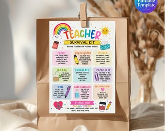 Editable Teacher Survival Kit Gift Tag, Back to School Teacher Gift Tag, Staff Appreciation Tag, 1st Day Of School Teacher Gift Basket