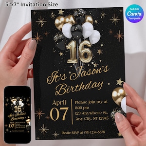 16th Birthday Invitation – Elegant Black & Gold Sweet Sixteen Party, Editable Canva Template, Digital Download, Printable Birthday Invite