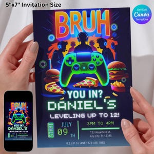 Invito di compleanno per videogiochi al neon, BRUH You In? Invito per festa di videogiochi, modello Canva modificabile, download digitale, biglietto di livello Neon Gamer Up