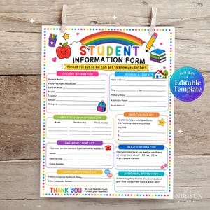 Könnte beinhalten: Ein druckbares Schülerinformationsformular mit einer Grafik aus Regenbogen, Apfel, Bleistift und Büchern. Das Dokument enthält Abschnitte für Schülerdaten, Adresse, Elterninformationen, Notfallkontakte und Gesundheitsdaten mit dem Text Student Information Form.