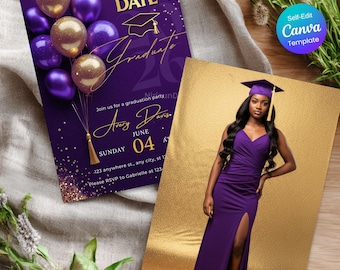 Plantilla de invitación de graduación de la Clase de 2026 con diseño de birrete morado y dorado, anuncio de graduación, invitación editable para fiesta de graduación en Canva para la escuela secundaria.