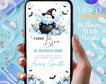 Blue A Little Boo is Almost Due Baby Shower Invitation, Cute Ghost Baby Shower Editable Halloween Template, Boy Baby Shower Digital Invite