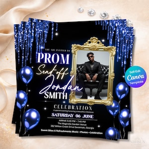 May include: Black and blue prom invitation with a photo in a gold frame. The invitation includes the text "PROM Sent off Jordan Smith Celebration" and event details. Blue balloons and glitter accents decorate the invitation. The Canva template is self-editable.