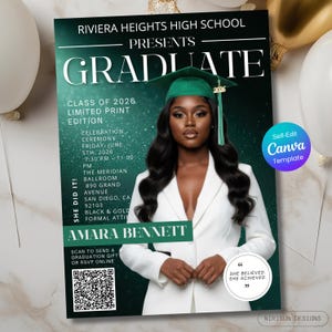 May include: A graduation announcement with a photo of a woman wearing a green graduation cap and white blazer. The announcement includes the text "Riviera Heights High School Presents Graduate" and details for the ceremony, including the date, time, and location.