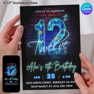 Modelo de convite de aniversário de 12 anos azul neon, Canva editável, convite para festa de aniversário de 12 anos de meninos, convite com tema de festa Glow, download digital
