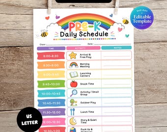 Editable Pre-K Daily Schedule Template, Printable Preschool Classroom Schedule, Teacher Planner Back to School Preschool Daily Routine Chart