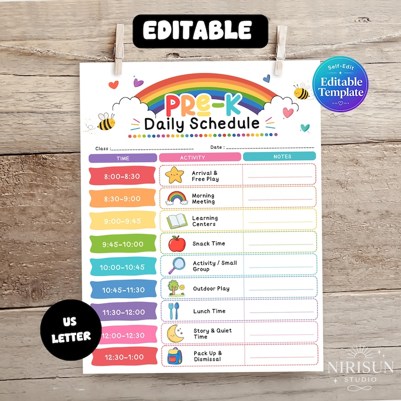 Editable Pre-k Daily Schedule Template, Printable Preschool Classroom ...