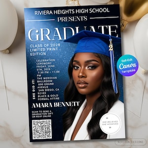 May include: A graduation announcement with a photo of a woman wearing a blue cap and gown. The announcement includes the text "GRADUATE," "Class of 2026," and event details. The design features a dark blue background with white text and a QR code.
