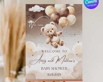 Baby Shower Welcome Sign, Gender Neutral Bear Baby Shower Poster, We Can Bearly Wait Sign, Brown Beige Boho Printable Template, Bear Balloon