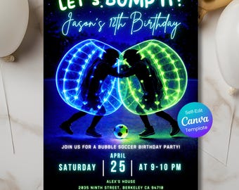 Bubble Fussball Geburtstagseinladung: Neon Glow Party für Kinder (editierbare Canva Vorlage, DIY druckbare, digitale Einladung, Sport-Geburtstagsfeier