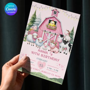 Editable pink Farm Birthday Invitation Template, Pink Barnyard Theme, Farm Animals Birthday Invite, Girl Barnyard Birthday, Girl Farm, Canva
