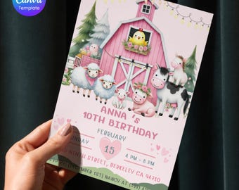 Plantilla editable de invitación de cumpleaños de granja rosa, tema de granero rosa, invitación de cumpleaños de animales de granja, cumpleaños de granja de niña, granja de niña, Canva