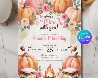 S’mores Birthday Invitation: Bonfire Camp Party (Editable Canva Template, Backyard Camping Birthday Invite, Fall Outdoor Campfire Printable)