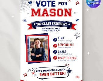 Student Council Campaign Poster Template, Editable Class President Election Poster with Photo, School Leadership Poster, School Election